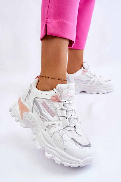 Modne Damskie Sneakersy Na Platformie Biało-Różowe Biko
