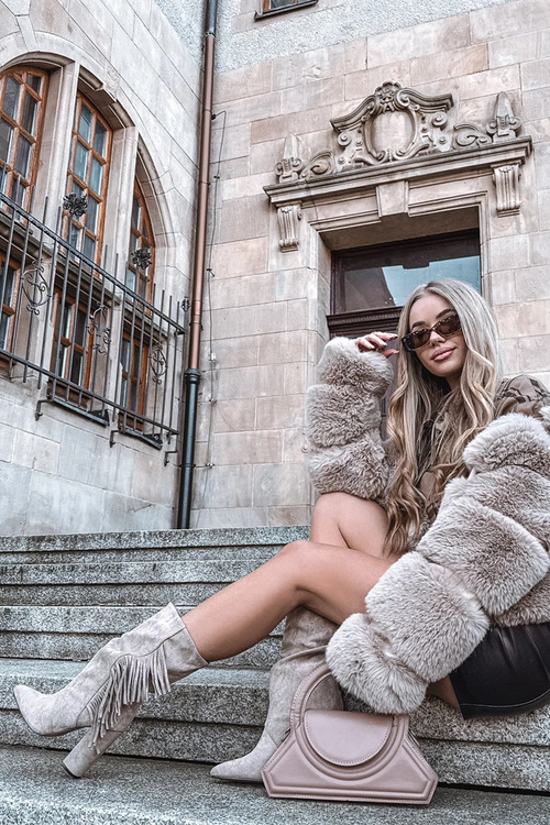 Botki Damskie Na Słupku Z Frędzlami I Marszczeniem Ocieplane Beżowe Darlina