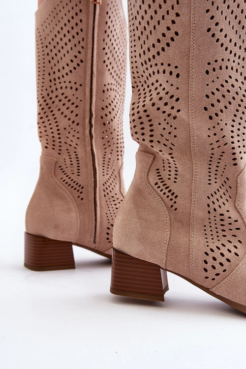 Ażurowe Kozaki Na Niskim Obcasie Beżowe Walea