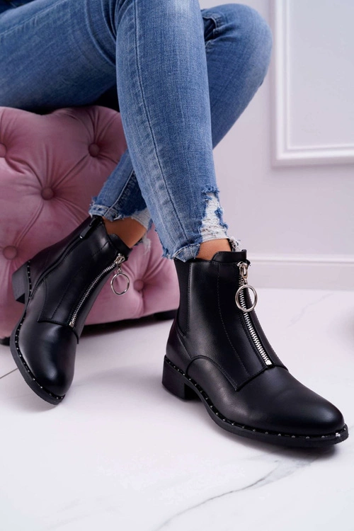 Botki Damskie Płaskie Ozdobny Suwak Czarne Vermina