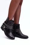 Zdobione Skórzane Botki Damskie Na Płaskim Obcasie Czarne Adkrana