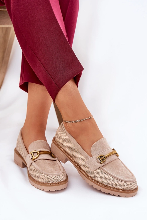 Mokasyny Damskie Z Plecionką I Złotym Detalem Beżowe Seffolia