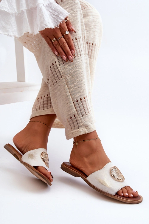 Zazoo 2938 Skórzane Klapki Na Płaskim Obcasie Z Ozdobą Złote Przecierane