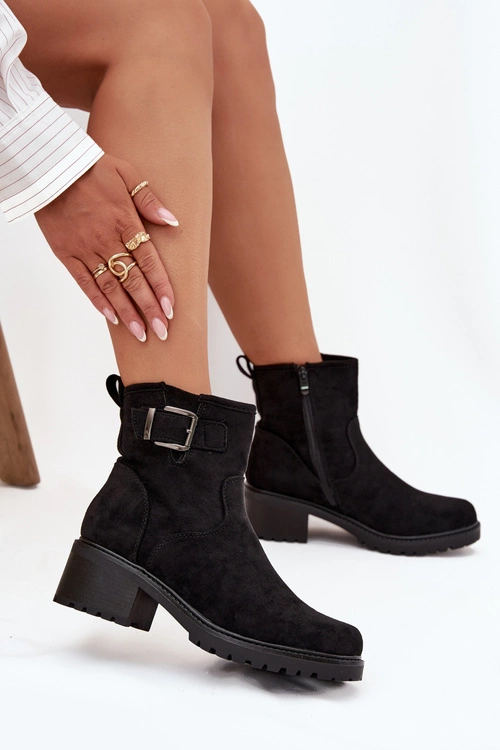 Ocieplane Botki Damskie Na Niskim Obcasie Klocku Z Klamrą Czarne Helvina