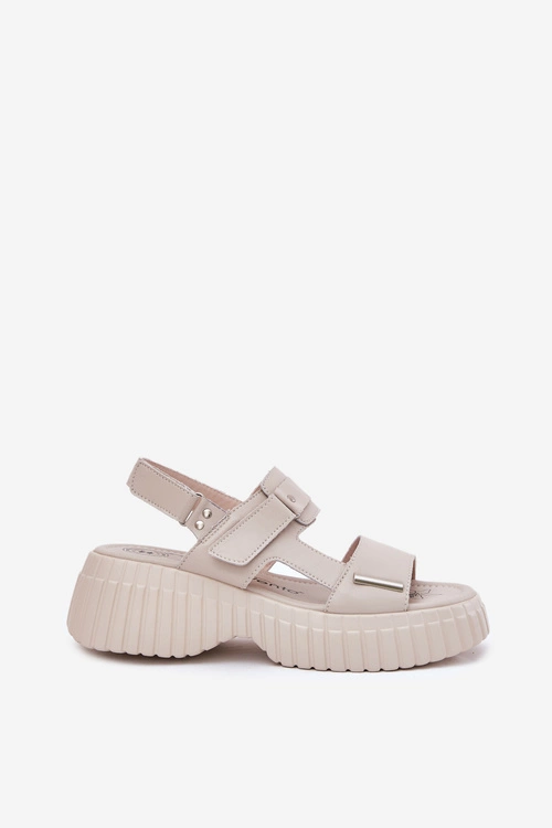 Skórzane Sandały Damskie Na Platformie Beżowe Mertella