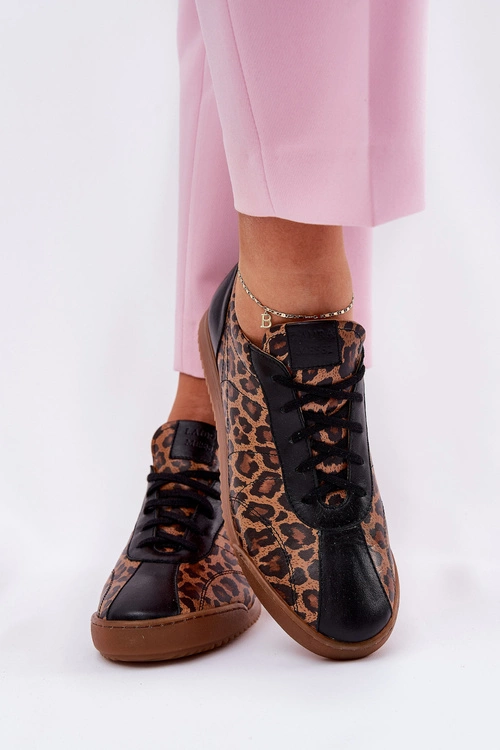 Skórzane Buty Sportowe Damskie W Panterkę Laura Messi 2935 Brązowe