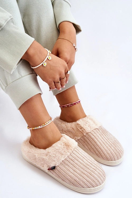 Damskie Ocieplane Papcie Wsuwane Z Futerkiem Beżowe Leriss