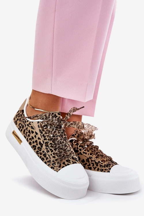 Trampki Damskie Na Masywnej Platformie Z Ozdobnym Sznurowaniem Panterka Brązowe Zidora