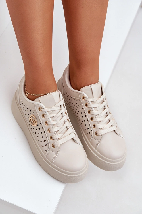 Ażurowe Sneakersy Ze Złotym Detalem Beżowe Cassildi