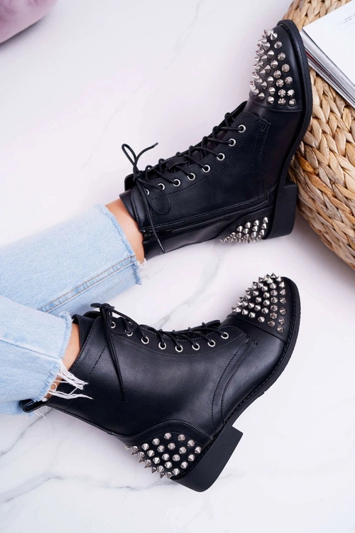 Damskie Botki Lu Boo Czarne Workery z Ćwiekami Tension