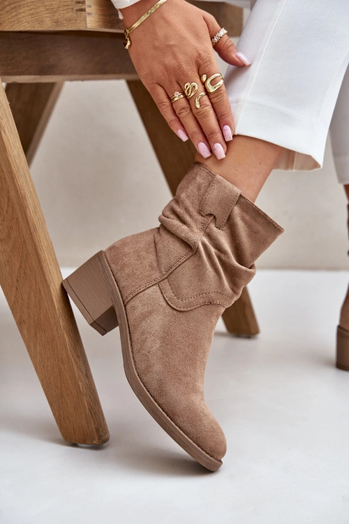 Ocieplane Botki Damskie Z Marszczoną Cholewką Na Niskim Obcasie Beżowe Zinanya