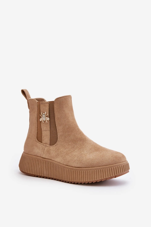 Wsuwane Botki Damskie Na Platformie Z Przypinką Eko Zamszowe Brązowe Ciatheia