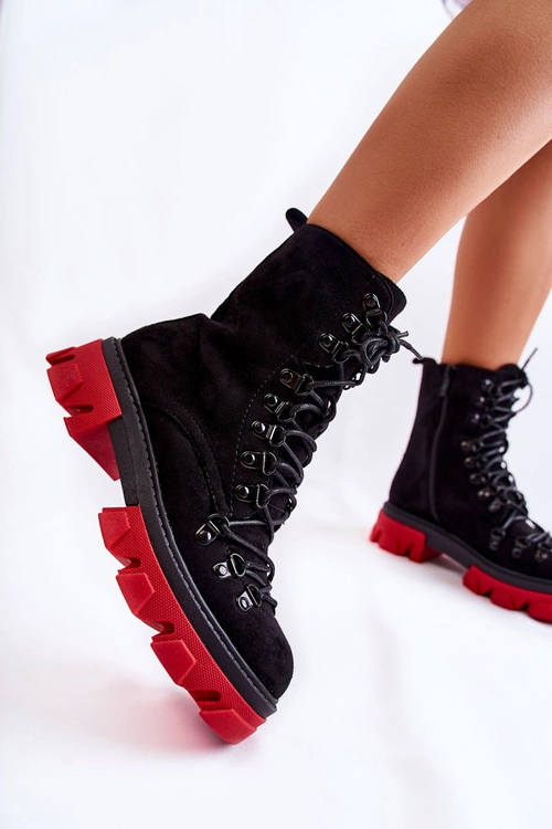 Ocieplane Zamszowe Botki Workery Wiązane Czarno-Czerwone Pierro
