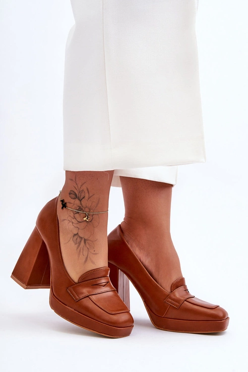 Czółenka Skórzane Na Wysokim Obcasie Camel Alisa