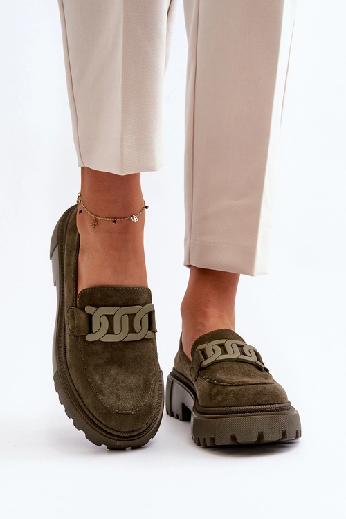 Mokasyny Damskie Z Łańcuchem Ciemnozielone Mevre