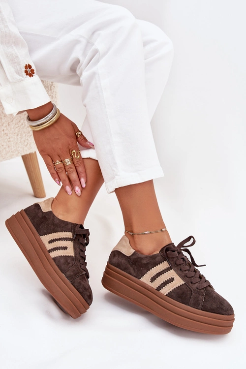 Sneakersy Damskie Na Platformie Z Naturalnego Zamszu Czekoladowe Eldira