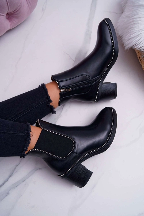 Botki Damskie Na Obcasie Z Dżetami Czarne Rhythmic