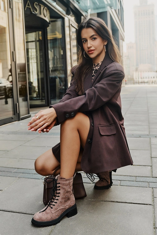 Zdobione Botki Workery Damskie Ocieplane D&A MR880-017 Taupe