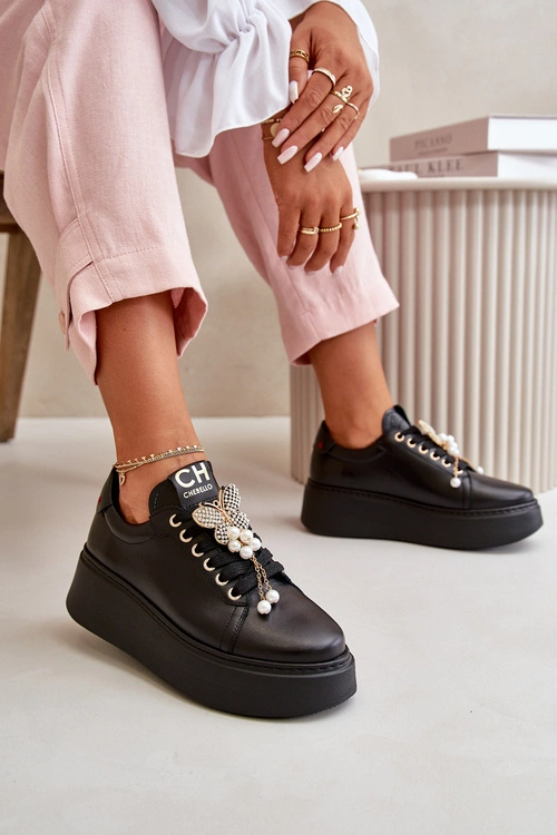Damskie Skórzane Sneakersy Na Platformie Z Motylem CheBello 4585 Czarne