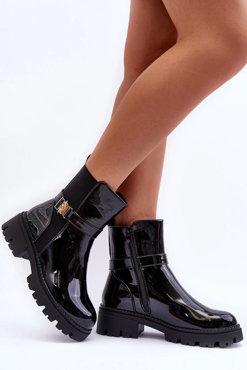 Lakierowane Botki Sztyblety Damskie Czarne Elspetia