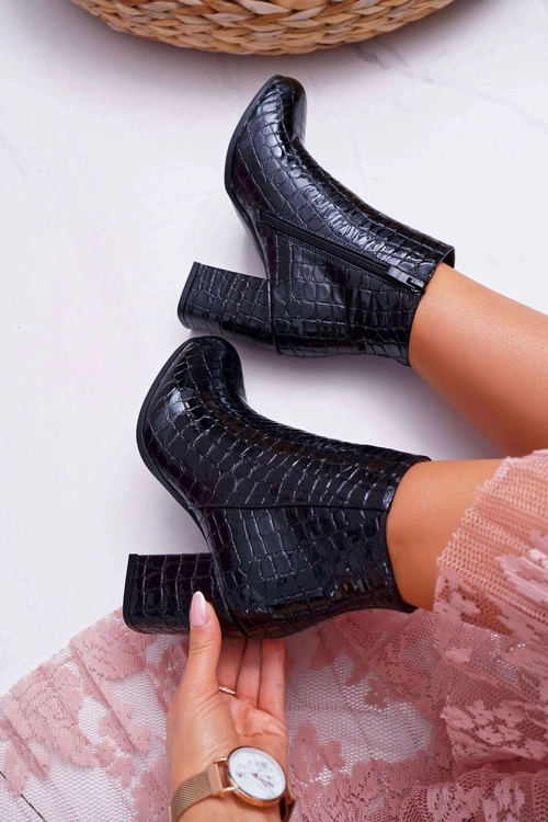 Damskie Botki Czarne Skóra Krokodyla Crocodil