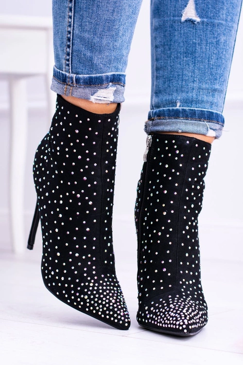 Lu Boo Czarne Wysokie Zamszowe Botki na Szpilce Cyrkonie Cubano