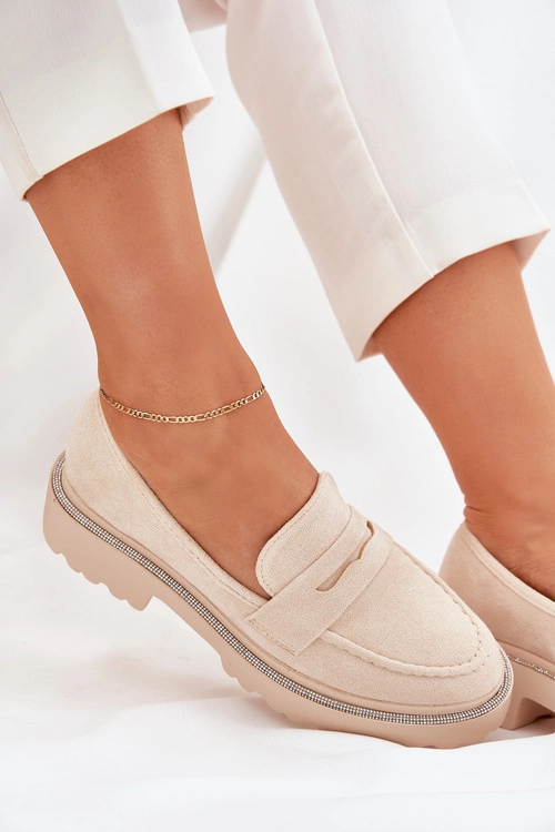 Mokasyny Damskie Eko Zamszowe Z Cyrkoniami Beżowe Wilamla