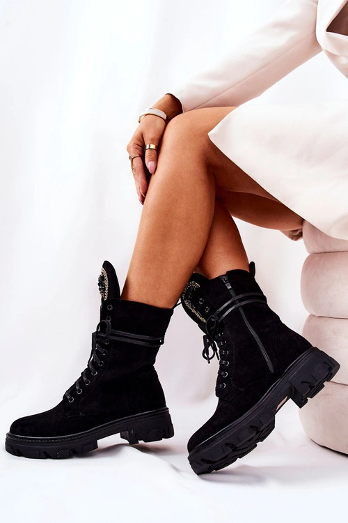Zamszowe Botki Ze Zdobieniem Czarne Elaina
