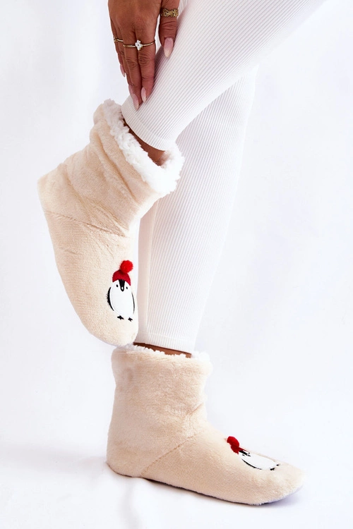 Damskie Wsuwane Ocieplane Papcie Z Pingwinami Kremowe