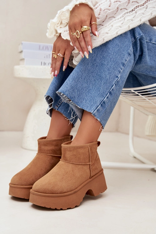 Śniegowce Damskie Niskie Wsuwane Ocieplane Futerkiem Camel Mavelle