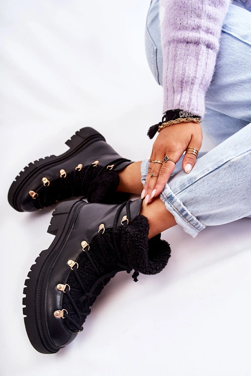 Skórzane Ocieplane Botki Trapery Czarne Arisa