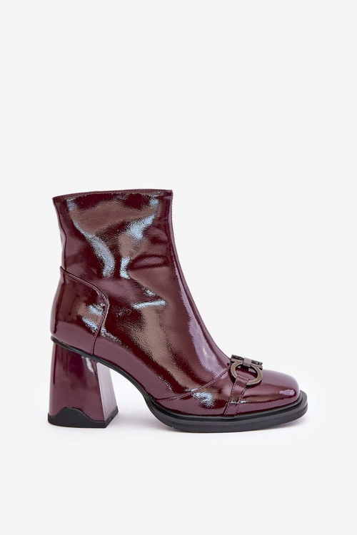 Lakierowane Botki Na Słupku Ocieplane Z Ozdobą D&A MR880-021 Bordowe