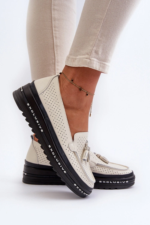 Skórzane Mokasyny Damskie Na Platformie Beżowe Assetnima