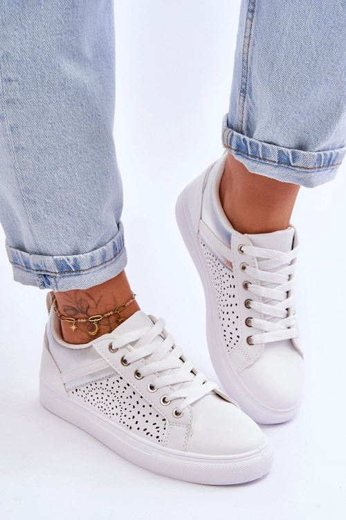 Klasyczne Sportowe Buty Z Ażurowym Wzorem Biało-Srebrne Happier