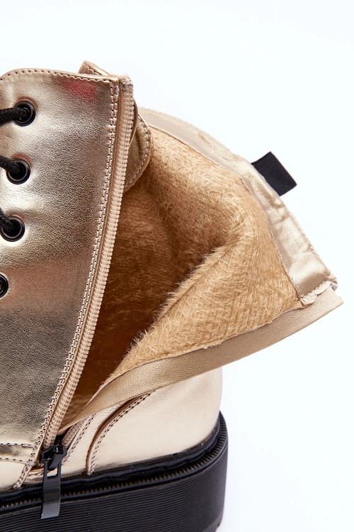 Skórzane Metaliczne Botki Workery Złote Teflorna