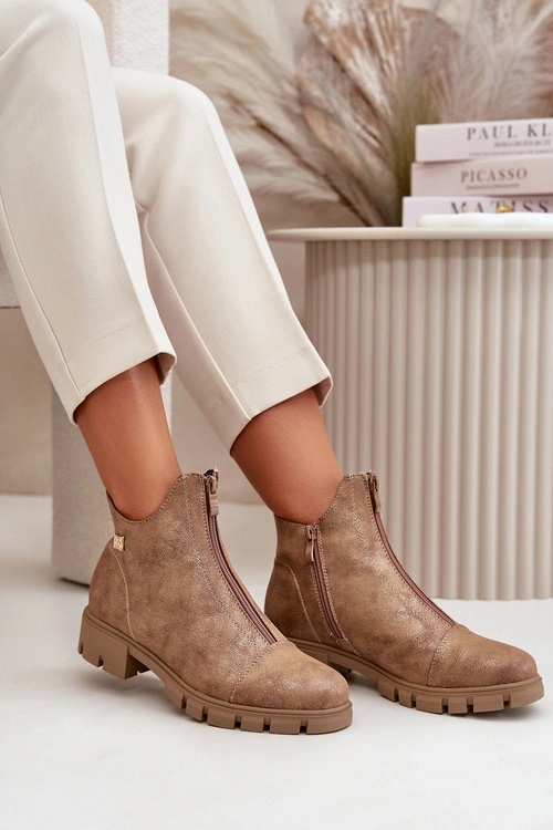 Ocieplane Botki Damskie Z Przetarciami Eko Skórzane Brązowo-Złote Verietta