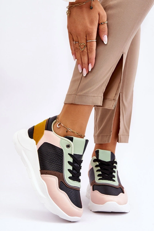 Damskie Skórzane Buty Sportowe Na Platformie Czarno-Zielone Chaya