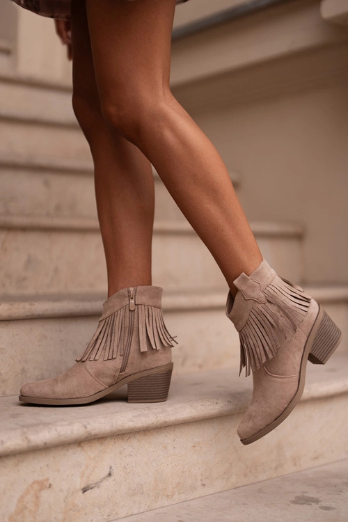 Botki Kowbojki Damskie Na Zamek Eko Zamszowe Beżowe S.Barski HY42-127