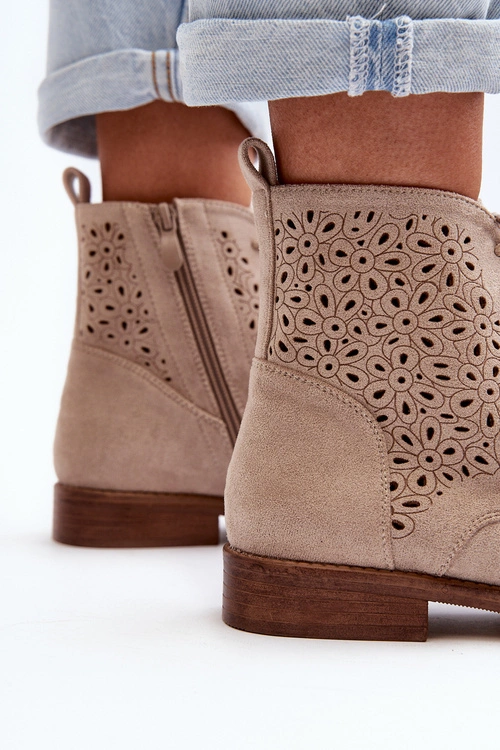 S.Barski HY66-136 Damskie Botki Ze Wzorem Jasnobeżowe