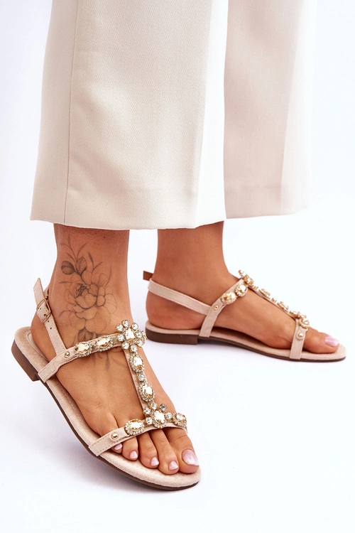 Zamszowe Sandały Damskie Z Kamieniami Beżowe Calabrio