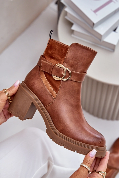 Botki Damskie Na Obcasie Słupku Ocieplane Na Zamek Camel Inabelle