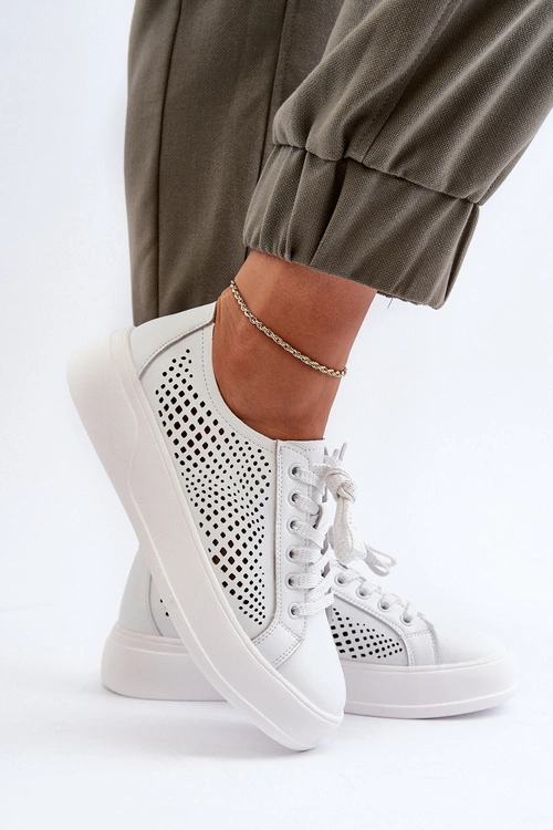 Skórzane Sneakersy Damskie Na Platformie Białe S.Barski LR505