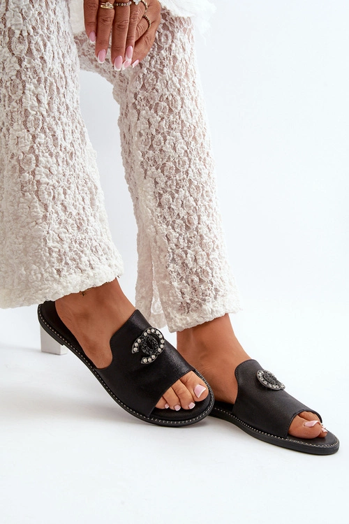 Eleganckie Klapki Damskie Błyszczące Z Ozdobą S.Barski KV27-050 Czarne