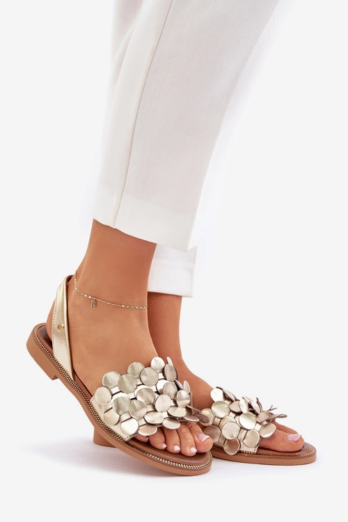 Skórzane Sandały Na Płaskim Obcasie Zazoo 40425 Złote