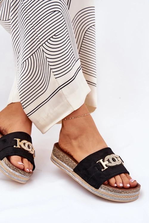 Klapki Damskie Ze Złotym Detalem Na Platformie Z Brokatem Czarne Eanes