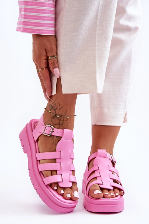 Skórzane Płaskie Sandały Z Paseczkami Różowe Diosa