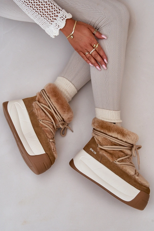 Skórzane Śniegowce Damskie Na Grubej Podeszwie Z Futerkiem Big Star OO274A207 Brązowe