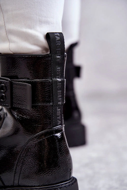 Damskie Botki Lakierowane Sznurowane Na Płaskim Obcasie Czarne Firmina