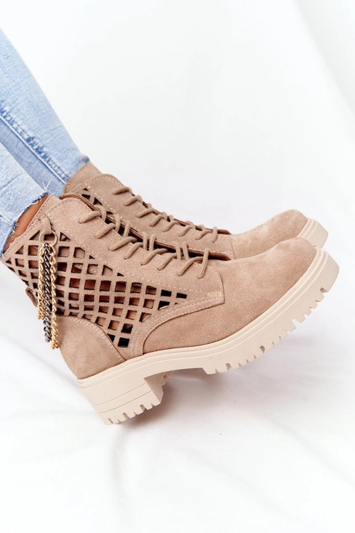 Ażurowe Botki Workery Lewski Shoes 3030-0 Piaskowe