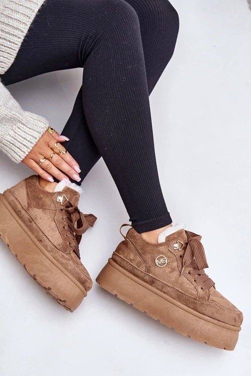 Ocieplane Futerkiem Sneakersy Damskie Na Platformie Brązowe Velarisea